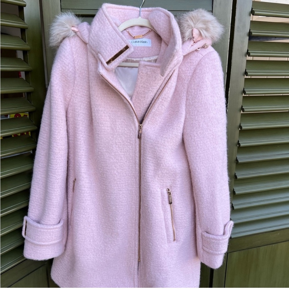 BRAND NEW Calvin Klein Pink Hooded Wool Pea Coat with Fur Trim